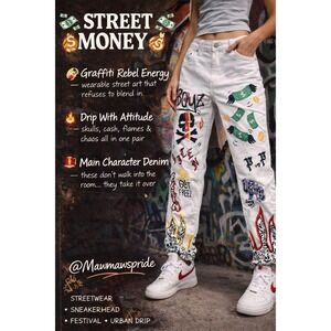 Street Money White Graffiti Streetwear Jeans Men Slim Fit Skull Money Flames 30